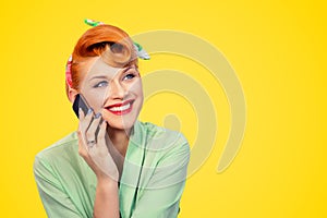 Pinup girl talking on smartphone smiling