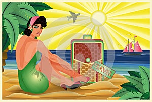 Pinup girl with travel bag, invitation vip card,