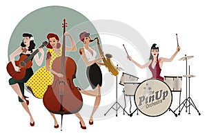 PinUp Girls Band. Four beautiful and tattooed pinup girls playing music. Vector Illustration