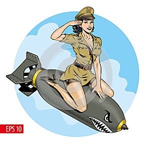 Pinup style attractive military young woman riding a bomb. Vector illustration.