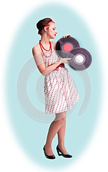 Pinup style woman with records