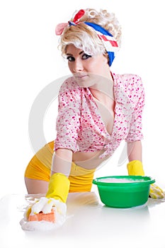 Pinup woman with sponge and foam