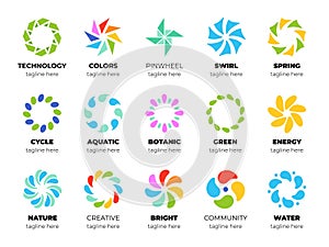Pinwheel logo templates. Circular simple signs, colorful shapes for business, abstract design, rainbow spinner