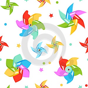 Pinwheel seamless pattern. Colorful paper windmills, repeated kids toys, summer fan spinners, bright rotating vanes