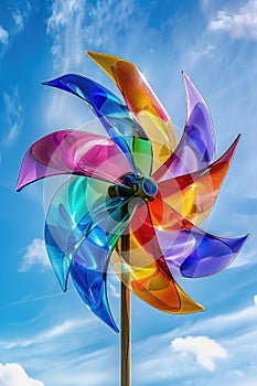A pinwheel spinning on a pole against a bright blue sky