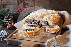 Pinza bolognese. Italian Christmas pastry. Sweet New Year`s pie with filling