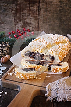 Pinza bolognese. Italian Christmas pastry. Sweet New Year`s pie with filling