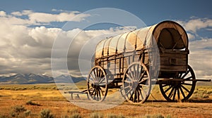 Pioneer\'s Journey: Conestoga Wagon Across Vast Prairie Landscape photo