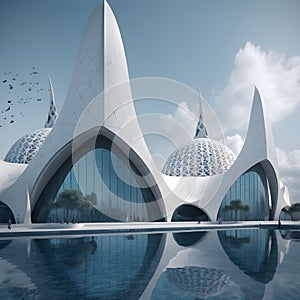 Pioneering architecture, a striking 3d render of a futuristic building design