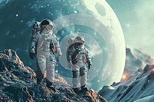 Pioneering Astronauts exploring planet sunlight. Generate Ai