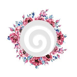 Pions pink flowers round frame with place for text. Watercolor blossom elements isolated and editable. Circle decorative