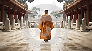 Pious people walk silently in the monastery.AI Generated photo