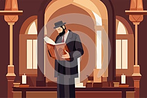 Pious jew prays in synagogue, reading torah, vector illustration, religion