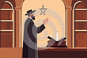 Pious jew prays in synagogue, reading torah, vector illustration, religion