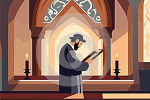 Pious jew prays in synagogue, reading torah, vector illustration, religion