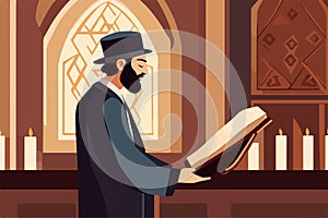 Pious jew prays in synagogue, reading torah, vector illustration, religion