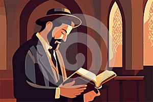 Pious jew prays in synagogue, reading torah, vector illustration, religion