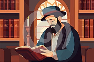 Pious jew prays in synagogue, reading torah, vector illustration, religion