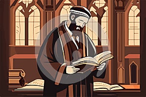 Pious jew prays in synagogue, reading torah, vector illustration, religion