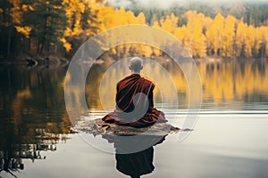 Pious Monk sitting lake. Generate Ai photo