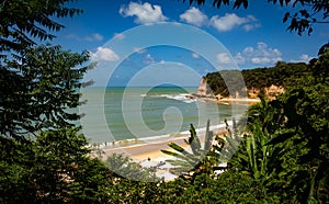 Pipa, Brazil. October 28, 2019. View of Madeiro beach in Pipa. Many vacationers surf in the paradise