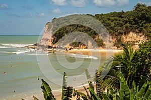 Pipa, Brazil. October 28, 2019. View of Madeiro beach in Pipa. Many vacationers surf in the paradise