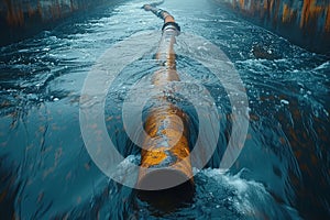 A pipe is being dragged through the water