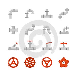 Pipe connector, water pipe fitting flat vector icons for plumbing and piping work