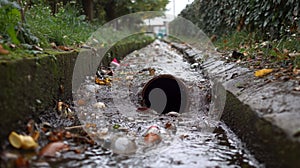 A Pipe Drain Overflowing with Trash and Debris in a Concrete Ditch photo