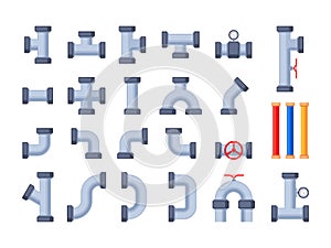 Pipe elements. Water pipeline engineering system details, piping connector construction with tubes and valves drainage