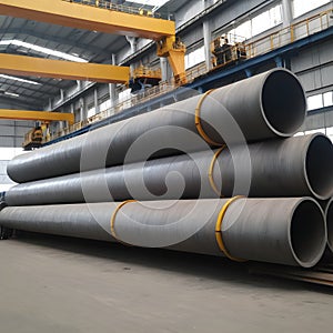 Pipe factory: finished pipes are transported by overhead cranes