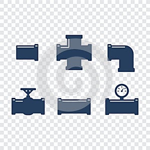 Pipe fittings icons set. Tube industry, construction pipe