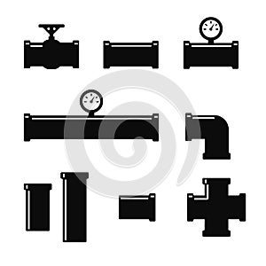 Pipe fittings icons set. Tube industry, construction pipeline