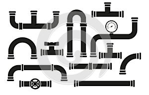 Pipe fittings vector icons set. Tube industry, construction pipeline, drain system, vector illustration