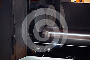 Pipe formation by using roll bending machine, close up