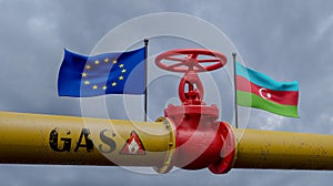 Pipe of gas from azerbaijan to European Union, Valve on the main gas pipeline azerbaijan, Sanctions concept, 3D work and 3D image