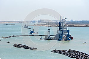 A pipe-laying ship at work in Suez Canal, Egypt.