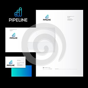 Pipe logo. Pipe factory Identity. Corporate style, envelope, letterhead, business card.