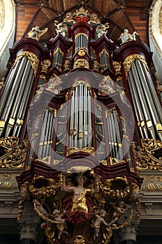 Pipe organ in the Grote Kerk in Haarlem, Netherlands.