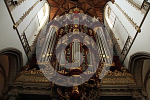 Pipe organ in the Grote Kerk in Haarlem, Netherlands.