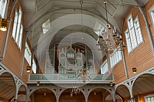 Pipe organ inside the Buksnes church in Gravdal city, Norway