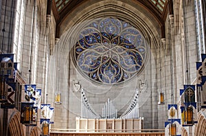 Pipe organ inside church.