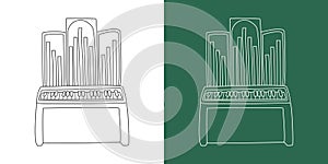 Pipe organ line drawing cartoon. Keyboard instrument pipe organ piano clipart linear style on white and chalkboard background
