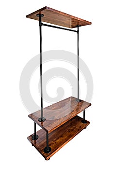 Pipe rack for clothes hanging with wooden shelf isolated on white backgrouds