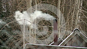 Pipe smokes in a house in the woods