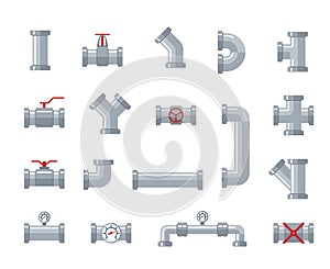 Pipe steel and plastic connectors, water tubes. Plumbing, pipeline parts and valves, industrial drainage system vector