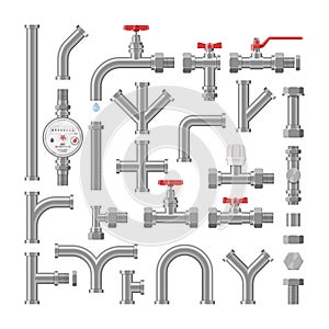 Pipe vector plumbing pipeline or piped tubing construction of metal piping system illustration industrial set of metalic photo