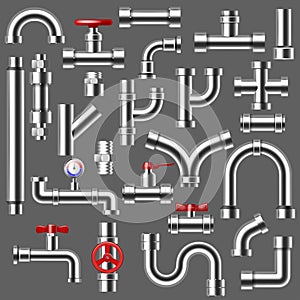 Pipe vector plumbing pipeline or piped tubing construction of metal piping system illustration set of metalic tubes