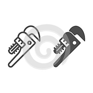 Pipe wrench line and solid icon, construction tools concept, plumber wrench tool vector sign on white background