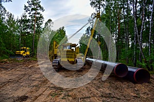 Pipelayer with side boom Installation of  gas and crude oil pipes in ground. Construction of the gas pipes to new LNG plant